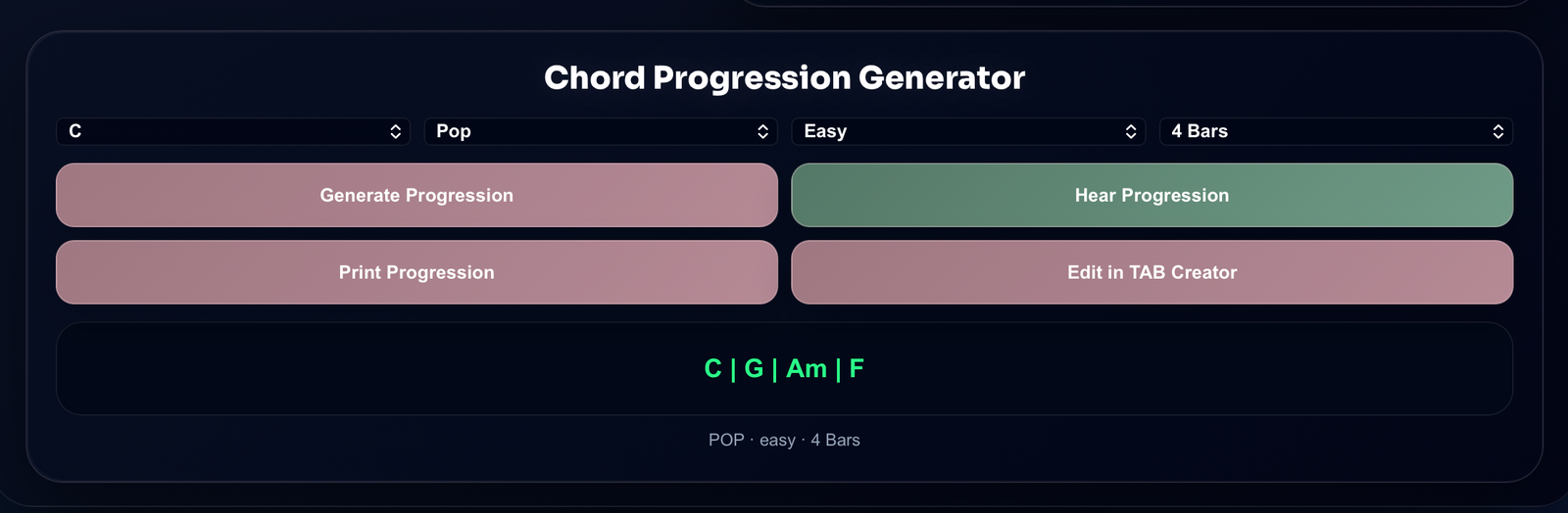 Chord progressions tool screenshot — Harniciuk Sonic