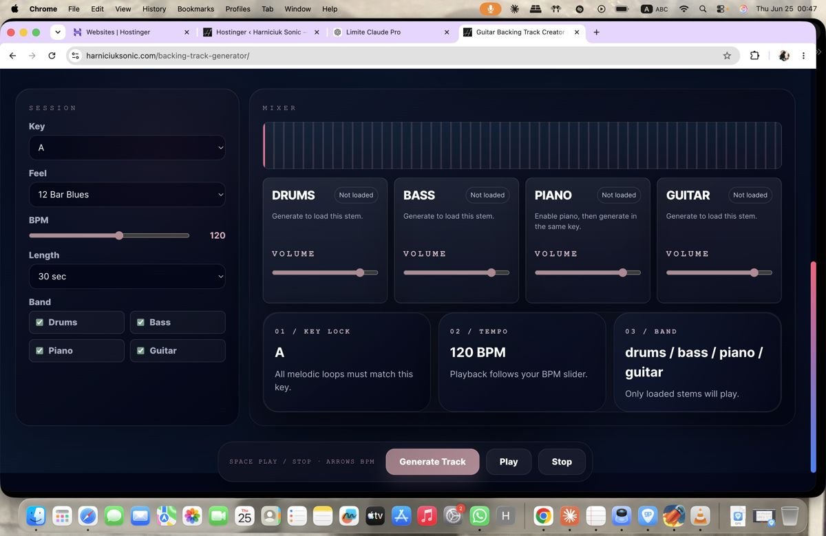 Harniciuk Sonic Backing Track Generator interface showing key, feel, BPM controls and mixer