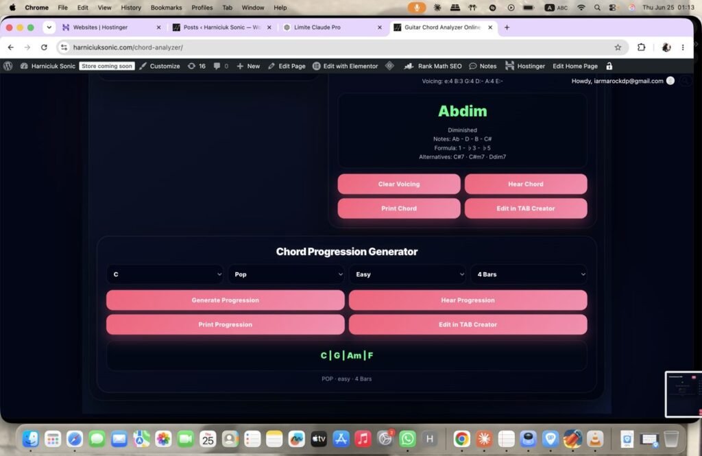 Screenshot of the Harniciuk Sonic Chord Progression Generator, a tool for building and hearing guitar chord progressions