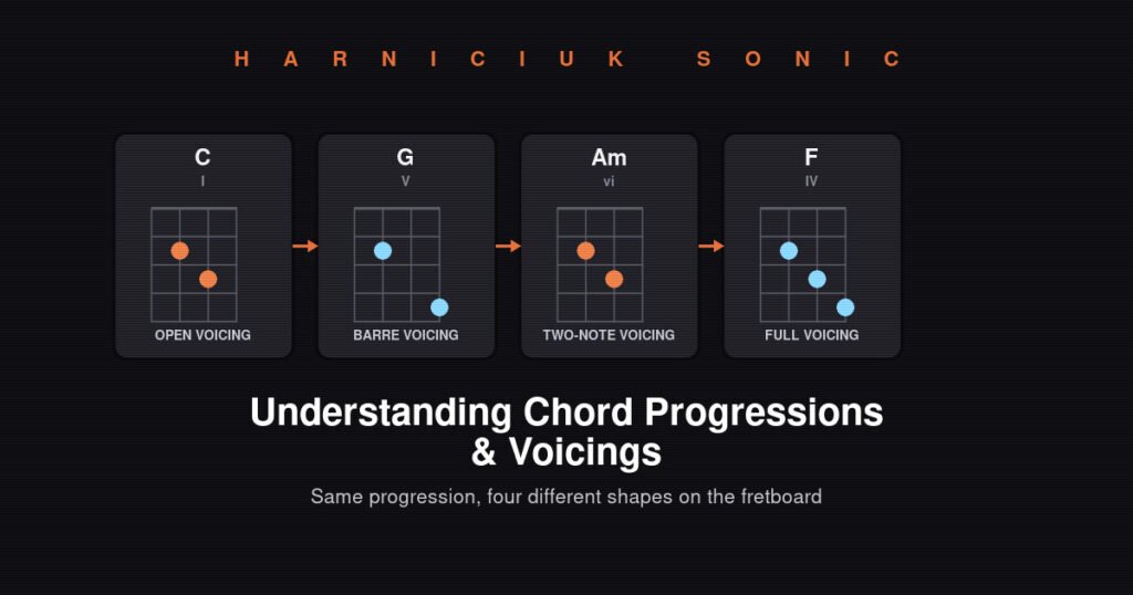 Chord progressions and voicings shown across four guitar chord diagrams — Harniciuk Sonic