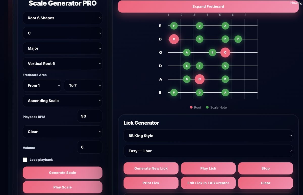 Harniciuk Sonic Scale Generator showing C Major scale on fretboard with Lick Generator