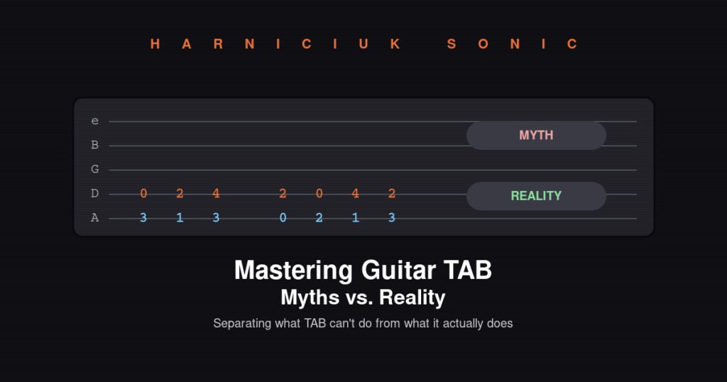 Guitar tab staff showing myth vs reality of TAB notation — Harniciuk Sonic